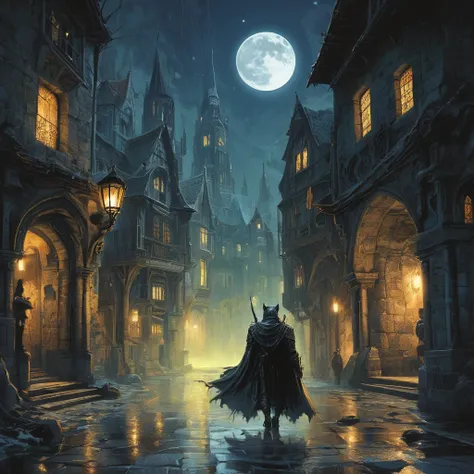 

In the moonlit depths of a medieval fantasy city, the cobblestone streets lay eerily quiet, bathed in silver light. Tall stone buildings, adorned with intricate carvings and flickering torches, rise majestically into the star-studded sky. Shadows dance a...