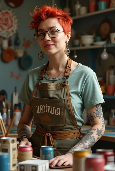 Ludivine jeune femme de 40 ans les cheveux rouges courts sur le dessus et rasés en bas autour de la tête. Elle est artisan elle crée des objets dans des matériaux naturels résine minérale, plâtre, carton mâché, pâte auto durcissant et elle crée surtout aus...