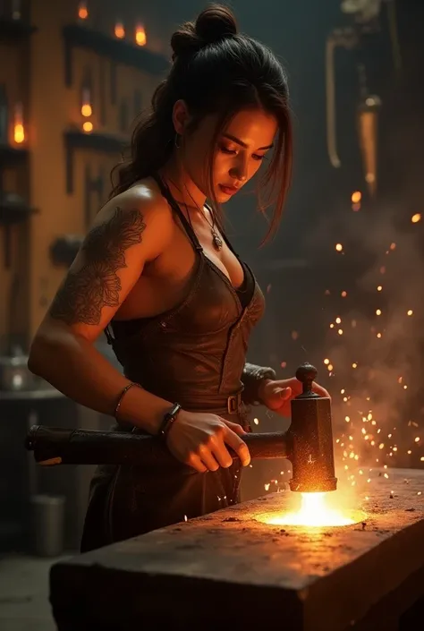 8K, masterpiece, raw photo, best quality, photorealistic, extremely detailed CG unity 8K wallpaper, depth of field, cinematic light, lens flare, ray tracing, ((beautiful eyes, athletic body, sexy, realistic style) a woman weaponsmith creating a weapon whil...