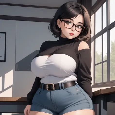 a cute petite short slightly chubby curvy emo girl, short wild volumetric hair, one wearing glasses, beautiful detailed brown ey...