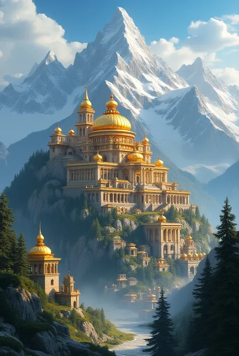 Create a gold-colored palace surrounded by mountains with an animated village 