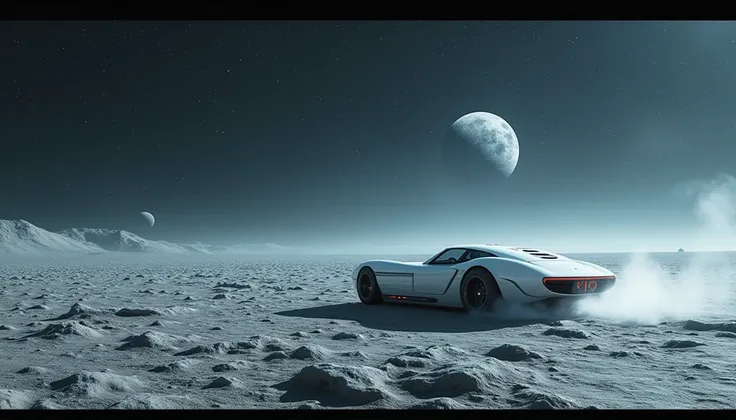 On a mysterious and beautiful moon，cafe racer from blade runner without wheels，4K movies，White cafe racer in the distance stunt on moon crater，ultra wide angle，Star cloud，Epic level graphics，scenic