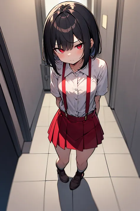  High Resolution 、Best Quality、4K、 1 girl、Short black hair、Hanako of the Toilet、Slanted Eyes、Red eyes、White shirt、 red miniskirt、Red suspenders、、Look down、Angry expression、Cold look、Bad look、Cruel look、Madness、Old school hallway、midnight、Horror Taste、Dark ...