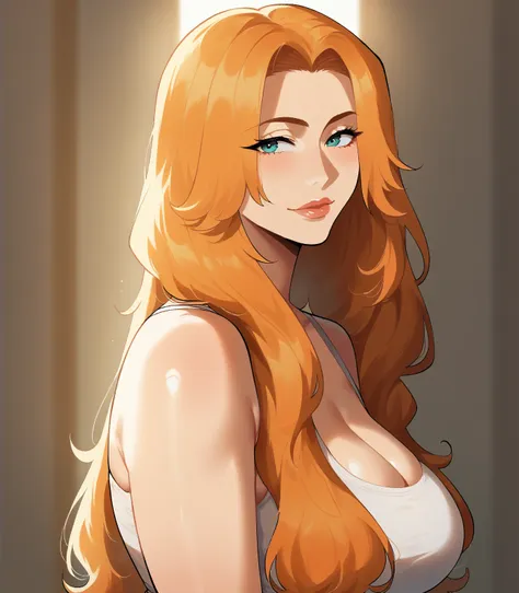 thiccwithaq_artstyle, rangiku matsumoto, orange hair, mother, milf, mature female, perfect face, perfect lighting, sexy lips, se...