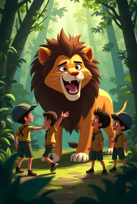  Make a cartoon for a story About the boy scouts entered the Ferocious Lion Jungle,  where they heard a big roar .  It was a very angry lion !  But the scouts were not afraid .  They learned from the lion that , When they are angry ,  they can roar loudly ...