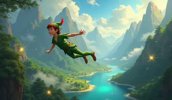 Peter pan flying in magical land 