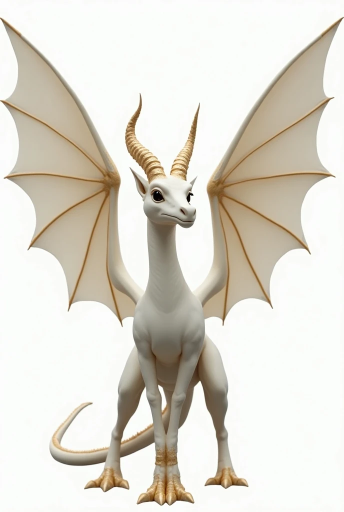 A Wyvern has 4 limbs, 2 front limbs are wings, 2 hind limbs are legs, the whole body is pure white color with golden details along the body, has a pair of golden horns connected together in a circle, overall very sacred.