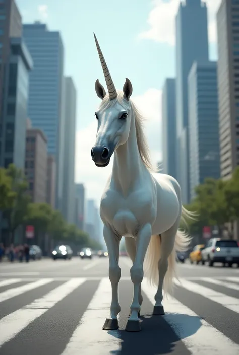 Beautiful realistic unicorn at a zebra crossing in a city looking at the viewer 