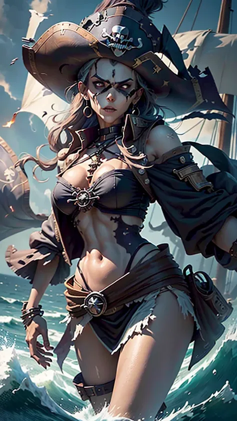 ( better quality,4k,high,master part:1.2),ultra-detailed,realistic, sexy busty pirate girl ,long eyelashes,beautiful detailed ey...