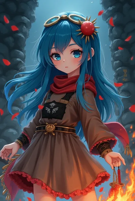 1 Girl,(Blue Hair)),blue eyes,radish,Long hair,(loose Long hair),((Knee-length brown phoenix dress)),(Cape Hood),scarf，With a monocle,night,red flowers falling,Upper Body,ruins,Strong shadows,Ash,fire,ice,((Ink wAsh painting)),((ink splAshing)),((color spl...