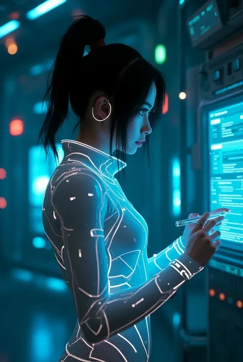 ((Best quality)), ((masterpiece)), (detailed:1.4), 3D, a beautiful cyberpunk female figure with thick hair, indoors, looking at an electronic screen, thinking about problems, looking focused, holding an electronic pen in hand, inside the spaceship, (((seve...