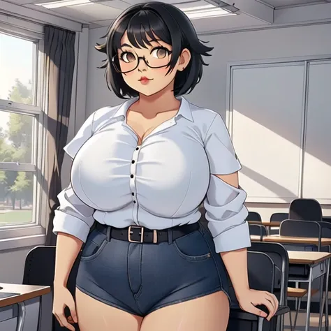 a cute petite short slightly chubby curvy emo girl, short wild volumetric hair, one wearing glasses, beautiful detailed brown ey...