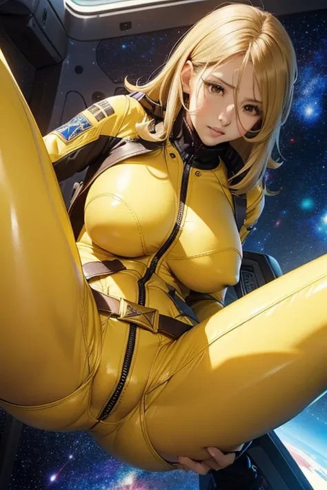 mori yuki,blonde hair,yellow bodysuit,skin tight,belt,1girl, 18yo,good anatomy, masterpiece, best quality,realistic, hyperrealistic, 16k hdr,(spread legs,sexy pose:1.3),large breasts,erected nipples,cameltoe,from above,navel,(zipper down:1.2),(sweat:1.2),s...