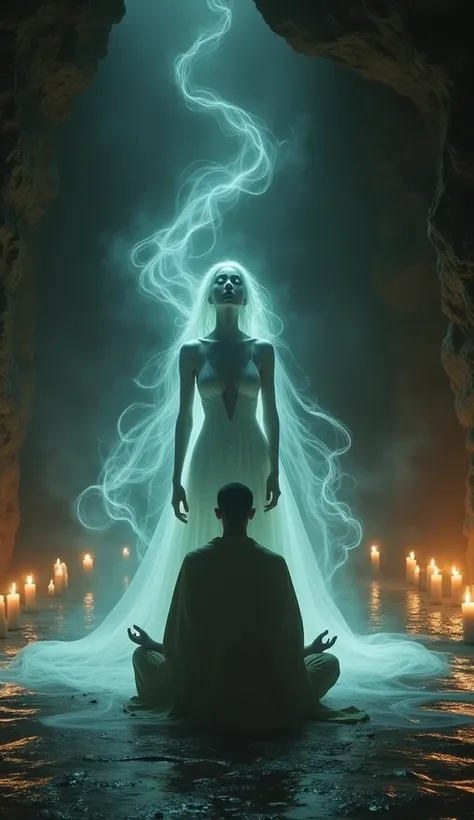   A beautiful and sexy ghost is trying to seduce a handsome young monk who is meditating in a cave., A ghost distorts her sexy body  