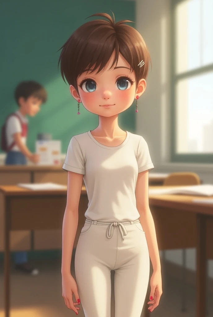 White girl 1:3, 9y, standing, from side, white jumpsuit, jumpsuit leggings, tight jumpsuit, waist cord, short pixie hair, brown hair, no breast, small earrings, hair pin, blue eyes, red nailpolish, shy smile, classroom, ren in background, Anatomically Corr...