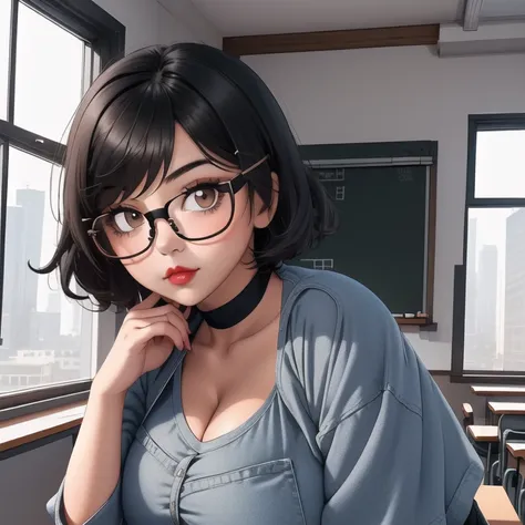 A cute petite short slightly chubby curvy emo girl, short wild volumetric hair, one wearing glasses, beautiful detailed brown eyes, cutely detailed lips, extremely cute detailed eyes and face, busty, voluptuous breasts, deep cleavage, wide curvy pearshaped...