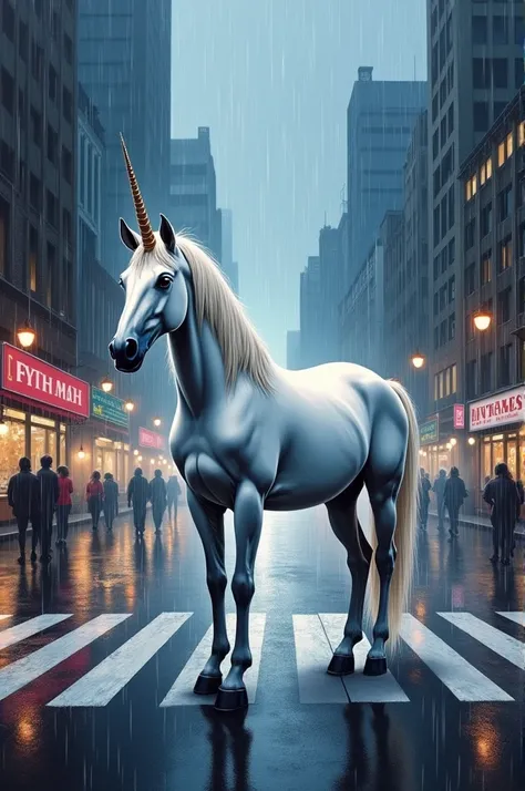  Beautiful painting of Beautiful unicorn in a zebra crossing in a city where its raining. Oil style . realistic 