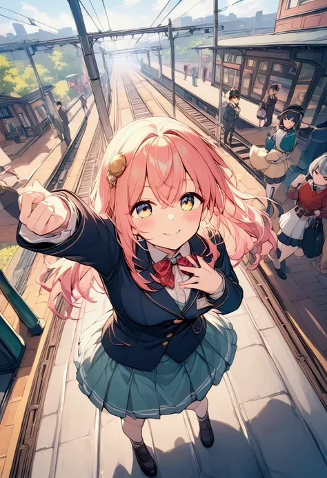 （ best quality illustration ）, Railway Girls,Station staff,  1 girl, Station staffのユニフォーム, Looking up, pose, At the station platform, train before launch , Smiling girl, dynamic angle,  detailed background