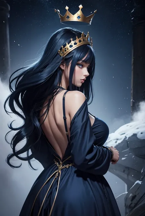 One girl, whole body, Blue eyes, long hair, Dark blue hair ,  big breasts, Open Breasted Long Dress ,A crown over the head, High resolution,Back view, Asleep , 