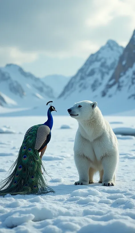 

hyper-realistic, cinematic 8k masterpiece with a full-body profile of a peacock and a polar bear facing each other on the snowy area.