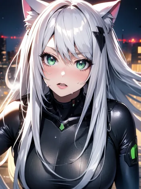 A beautiful girl with silver cat ears, green eyes, silver hair, long hair, black and white battle suit that fits her body perfectly, the background is the night city, the age is 14, dark night, sweat, steam from exhalation, fighting monsters, dynamic angle...