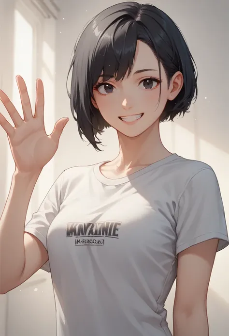 Masterpiece, high resolution, cell animation, 2D, black hair,Random hairstyle,black eyes,An anime-style scene of a woman with short black hair, smiling and waving towards the viewer. She is wearing a casual T-shirt, and a slight glimpse of her underarm is ...