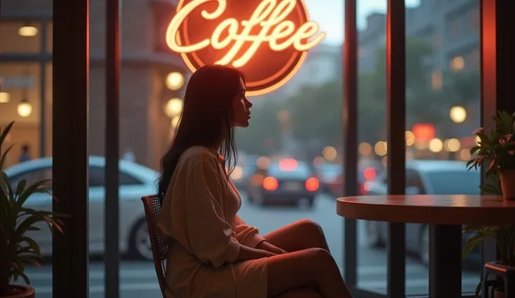 Generate an image of a thoughtful woman sitting alone in a cozy, modern coffee shop with large glass windows. She has long, black hair and is wearing a loose, light-colored outfit, like a cream or beige shirt over a white top. The scene is moody with soft ...