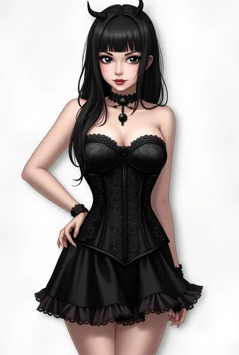 A digital illustration featuring a stylized, gothic-inspired woman standing confidently. She has a pale complexion and long, straight black hair with bangs framing her face. Her eyes are large and expressive, with a slight hint of mischief or defiance in t...