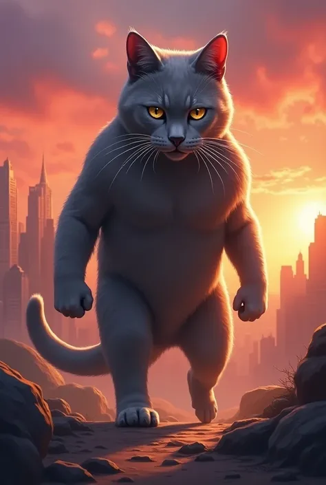 The image features a large,  face heroic gray cat in the foreground, set against a dramatic backdrop like a cityscape at sunset or an adventurous landscape. The vibrant colors convey excitement and adventure, reflecting the dynamic, action-packed cat stori...