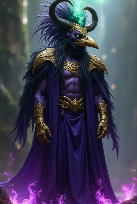 one [man] of skin [purple], with olhos [greens]  that smoke comes out and has a  [ long golden bird beak ].  come out of your head [penas preto e purple]. is using [purple clothes] with [ golden shoulder pads and mystical necklace ]. From his feet come out...