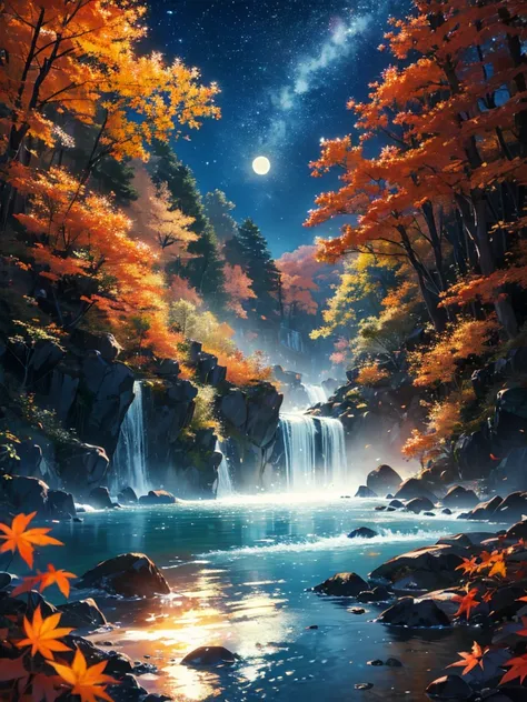 Best Quality、Autumn Night、Silent Forest。 the moon floats high in the sky 、 golden light is pouring down 。Forest Trees々Are red and orange 、 yellow 、Its leaves々 shines in the moonlight 。 the sound of a stream flowing in the distance 、sometimes、 the cries of ...