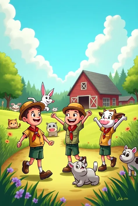  Make a cartoon for a story About the boy scouts they came to a farm full of happy and energetic animals.  There they met a cat and a cow who taught them to move by stretching .  The explorers had a lot of fun , moving from one side to the other ,  happy l...