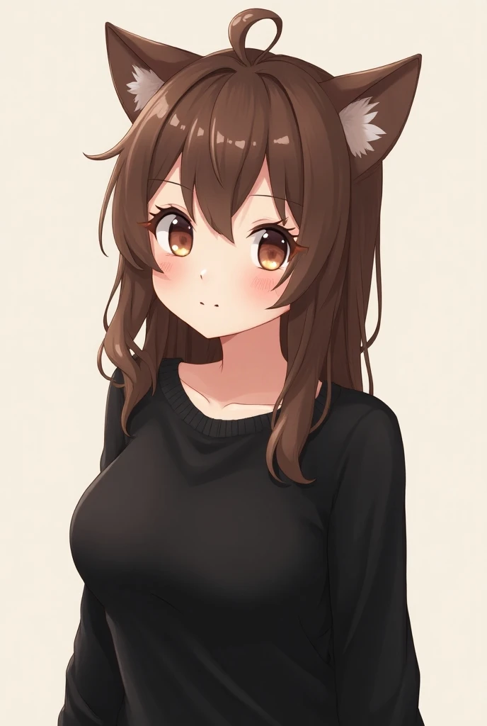 An anime girl with dog ears , brown hair, fair skin and is slightly blushed and has a black sweater with big breasts 