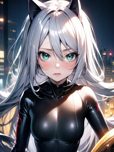 A beautiful girl with silver cat ears, green eyes, silver hair, long hair, black and white battle suit that fits her body perfectly, the background is the night city, the age is 14, dark night, sweat, steam from exhalation, fighting monsters, dynamic angle...