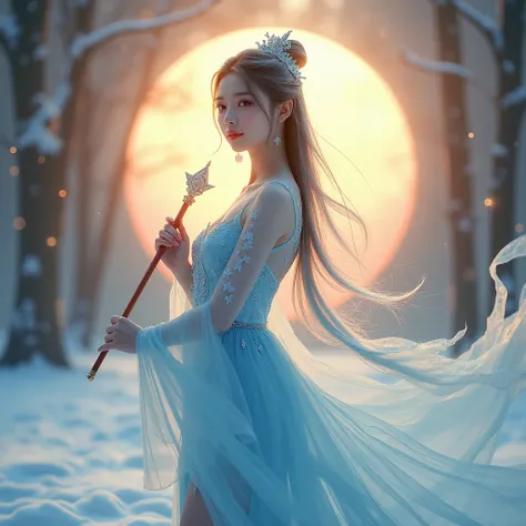 ` with sun as background, whole body, sideways, Proud Spirit, Exquisite and beautiful scepter, (Light effects when creating magic:1.0), (Ice queen in a kingdom with right hand pointing up and shining :1.0), Gorgeous Chinese Women, Beautiful Exquisite Makeu...