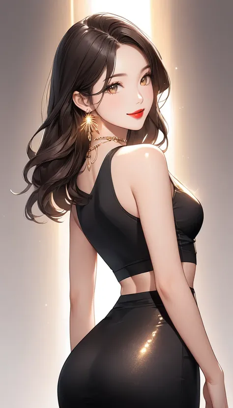 A waist-up view of a semi-realistic anime-style woman, aged 23, standing with her back turned to the left, looking slightly over her shoulder. Her long, sleek dark hair flows freely over her shoulders, enhancing her effortlessly alluring appearance. Her wa...