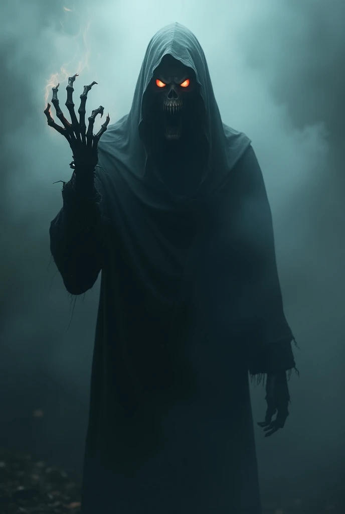 horror show, monster, nightmare, fear, Cinematic style, Beauty, "A dark, hooded figure stands in the midst of thick fog. The creatures eyes glow with hellish fire, as if the darkness itself is pouring through them. Its face is covered in shadow, but from b...