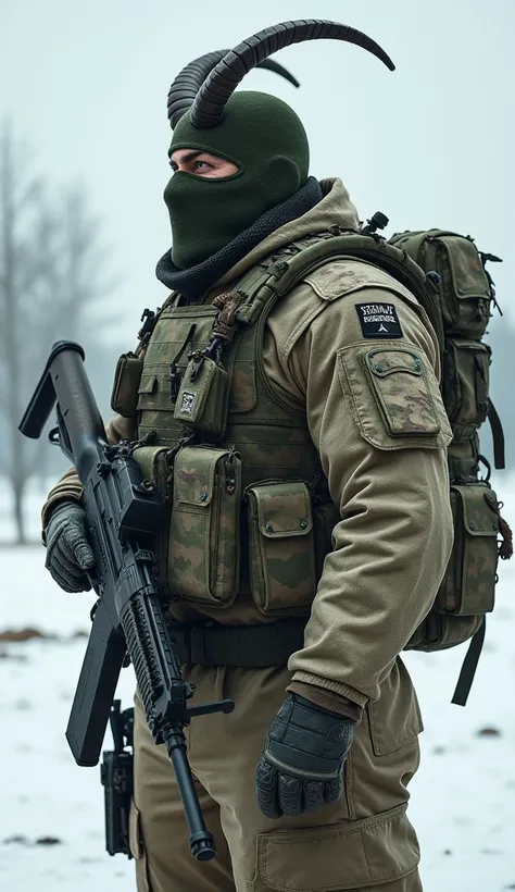 8k ultra realisitic, A Markhor man. Heavy ry Army Soldier(ultra reslista). He wears a camouflage balaclava . Muscular and corpulent physique of 2,30 meters high(Realist 8K). He wears a Pakistan army uniform and wears a 6b43 full-body war vest.(Realist 8K)....