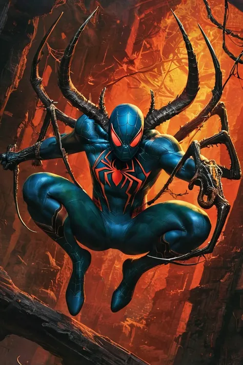 Halloween theme: Spider-man + indigo, a spiders hanging surrounded, emaciated with skin clinging tightly to rib cage, deer skull and long majestic horns, body running. a focus on motion and speed. Art style: photo-realistic with a vibrant, high-energy mood...