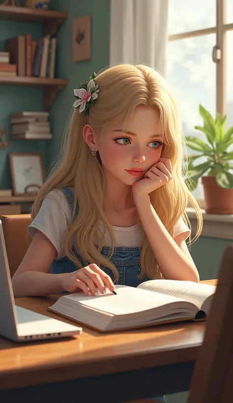 A girl , long blonde hair , seeing down at book  , writing , serious expression , masterpeice , sitting , studying , earing, top and denim , bright  cozy room , big study desk and table , laptop , books , wall decor , vash,  Determind, Hair Ribbon ,Cowboy ...