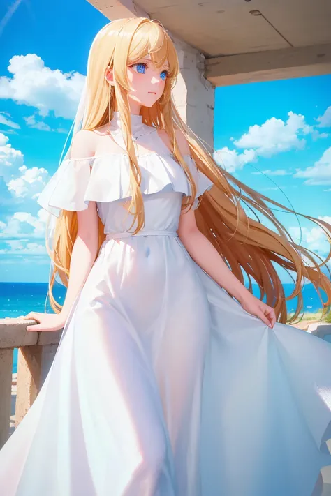 A young woman with long blond hair looking up at the blue sky from the cliff, in a white, long, covered dress with her shoulders covered, and beautiful blue eyes that go down to her hips