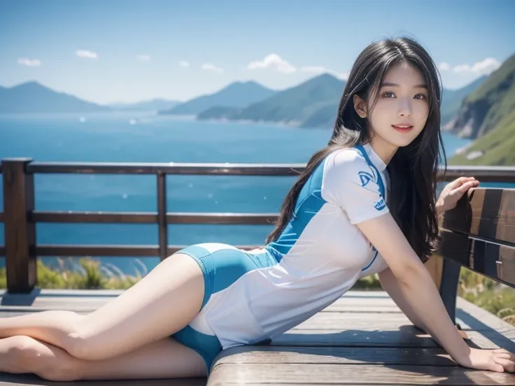 a beautiful Japanese woman resting on a bench at the mountain top, (road bicycle), long hair, cycling outfit, smiling, pastel colors, detailed facial features, highly detailed face, beautiful detailed lips, extremely detailed eyes and face, long eyelashes,...