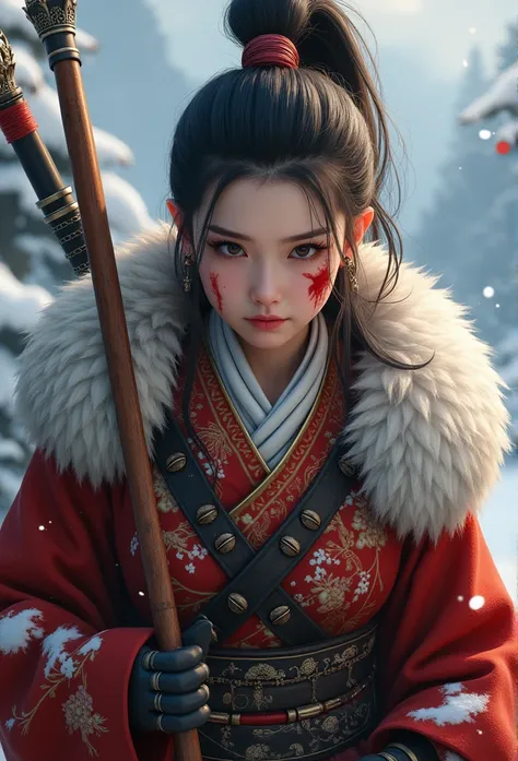 ( best quality,4K,8k, high resolution,masterpiece:1.2), is very detailed ,(Actual,photoActual,photo-Actual:1.37), thick fur winter coat , creatively blends traditional Chinese design patterns with modern elements, High Ponytail，Blood on the face，Red paint ...