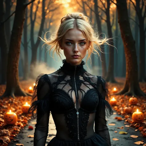 a 16k ultra-high-definition image of a witch-themed high-fashion runway show set in an autumn forest at night. the runway winds ...