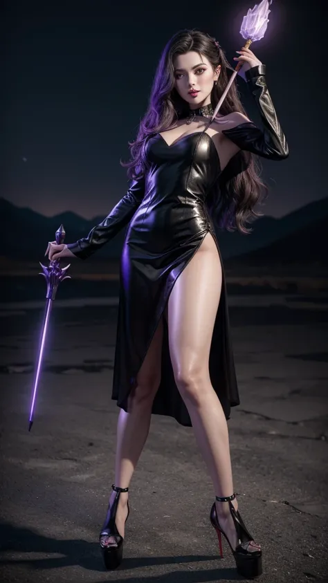 realistic 3D. Pomboagira. Black dress with purple details. Holding evil magical staff. In high heels and red lipstick. slightly wavy hair. in a nighttime environment