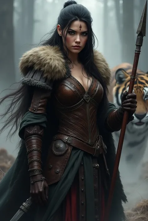 （ 1 girl at home， Beautiful Face ， Delicate Eyes ， serious expression ， sharp eyes ，Wearing fur armor，Holding a spear）， Shes a warrior from the North，（（（tigerback 骑术））,   and look at the audience ，tiger_beast）, Epic Fantasy Character Art