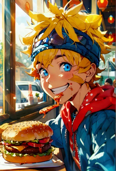  boruto(boy) eating juicy 1hamburger in restaurant smiling,window