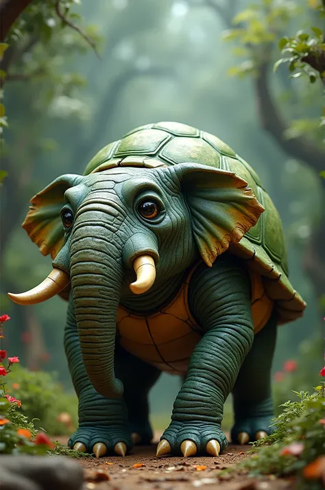 "Imagine a whimsical creature that combines the sturdy body of an elephant with the shell of a turtle. It has the large ears and trunk of an elephant, but its back is covered by a textured, green turtle shell. The creature stands on sturdy, elephant-like l...