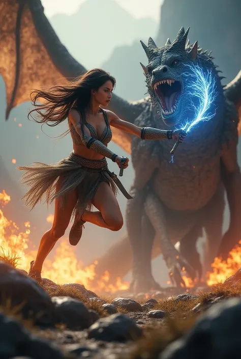 8K, masterpiece, raw photo, best quality, photorealistic, extremely detailed CG unity 8K wallpaper, depth of field, cinematic light, lens flare, ray tracing, ((beautiful eyes, athletic body, sexy, realistic style) a woman huntress fighting a dragon with fi...