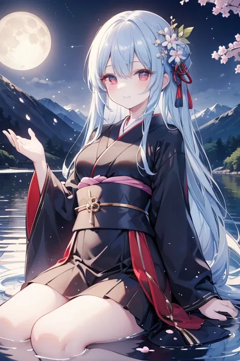 (masterpiece), best quality, expressive eyes, perfect face, detail, solo, long hair,light blue hair, red eyes, smiling mysteriously,shining eyes, black kimono, forest, lake, mountain, cherry blossom, night, moon, moonlight,High Resolution, Detail, High Det...